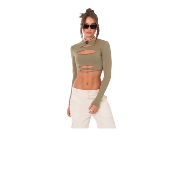 Edikted Green Mandarin Collar Cut-Out Bodysuit - Picture 1 of 7